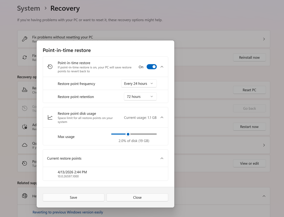 Point-in-Time Restore instellingen